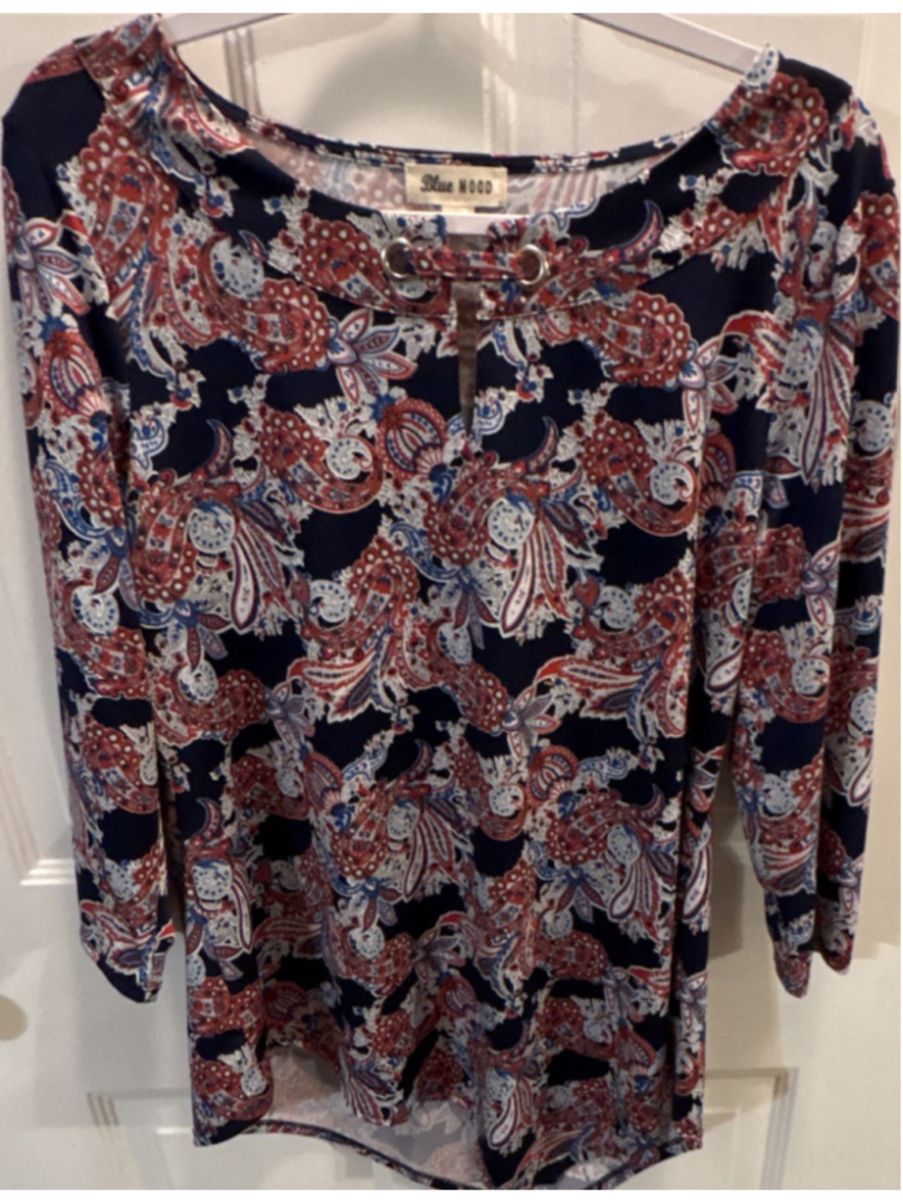 Blue Mood Women's L Blue Red White Paisley Scoop Neck Grommet 3/4 Blouse